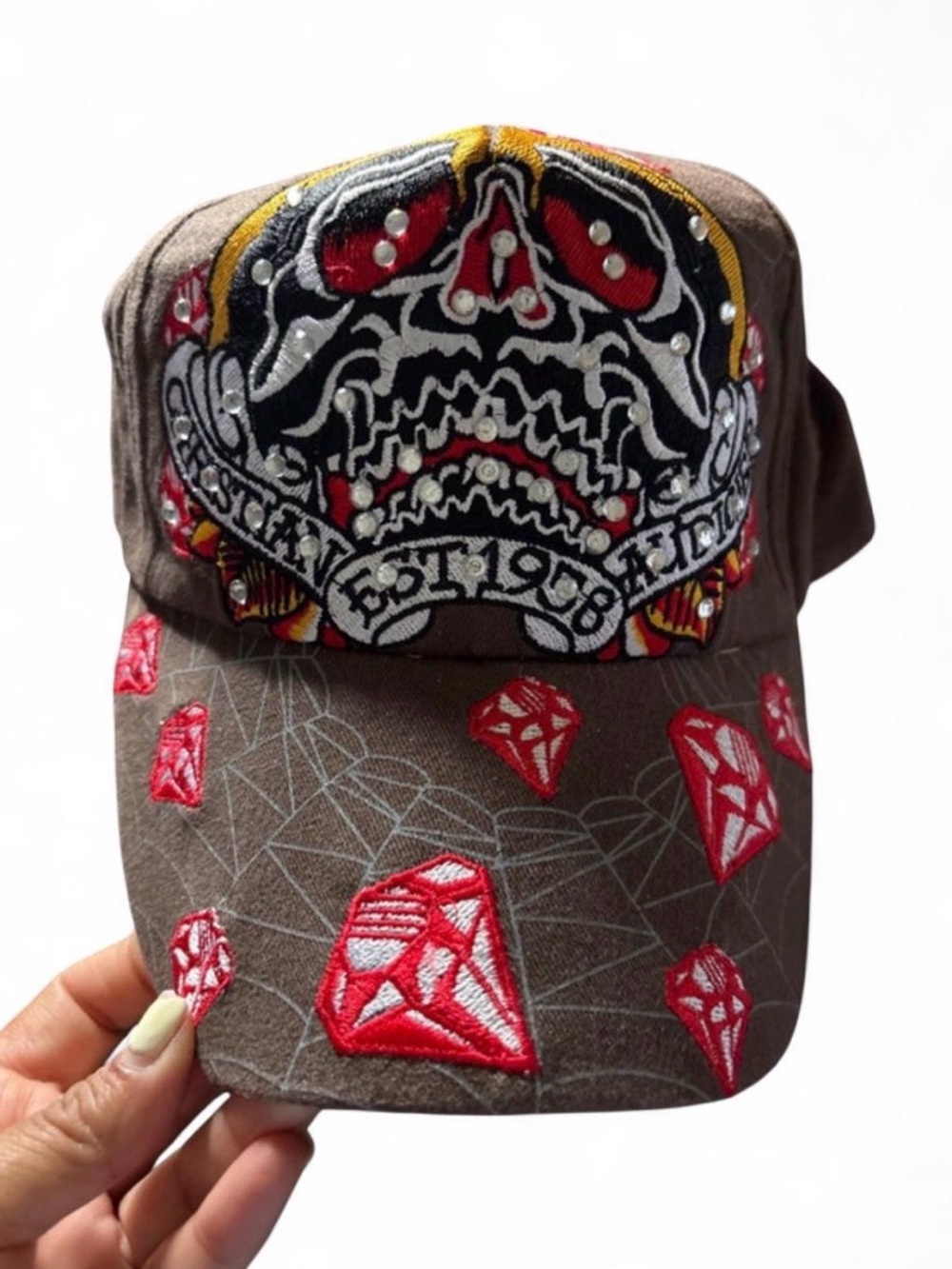 Christian Audigier Brown Embroidered Skull & Red Gem Baseball Cap